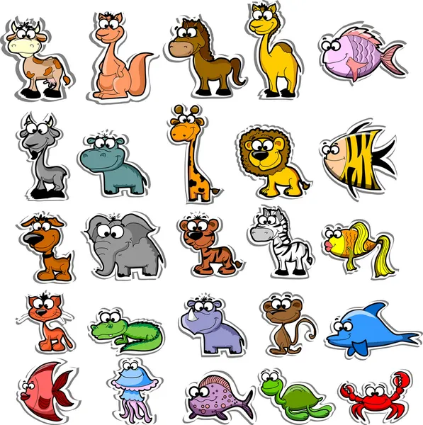 Gran conjunto de animales de dibujos animados y peces — Vector de stock