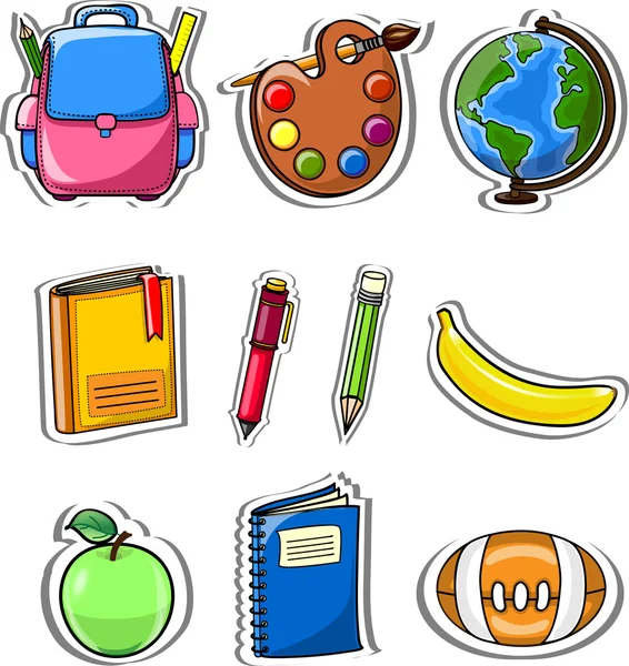 Карикатурная школьная сумка, карандаш, книга, тетрадь, ручка, глобус, палитра рисунков — стоковый вектор