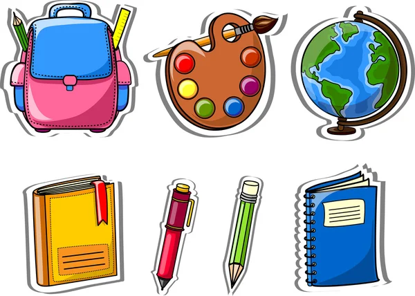 Saco de escola dos desenhos animados, lápis, livro, caderno, caneta, globo, paleta de tintas — Vetor de Stock