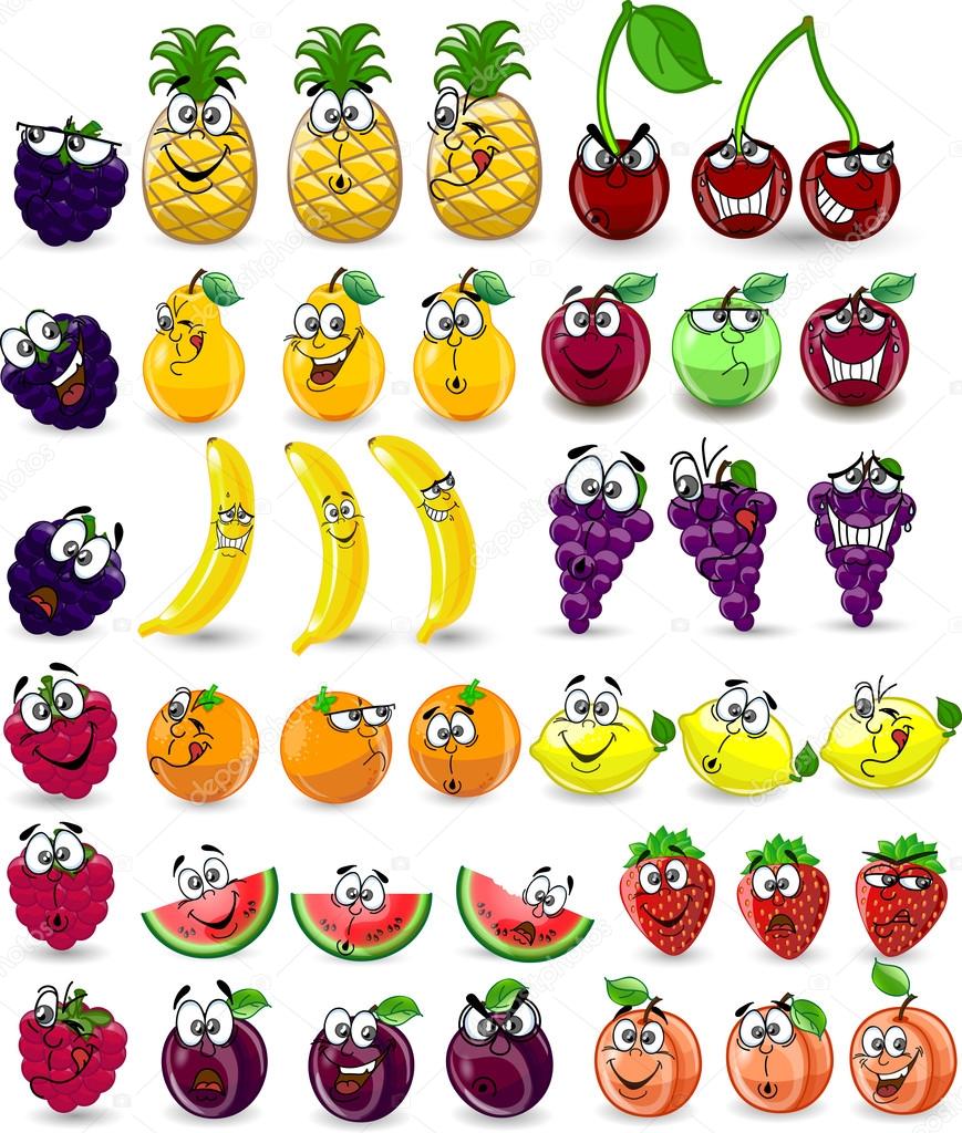 Cartoon orange, banana, apples, strawberry, pear, cherry, peach, plum, lemon, grapes, watermelon, raspberry ,pineapple