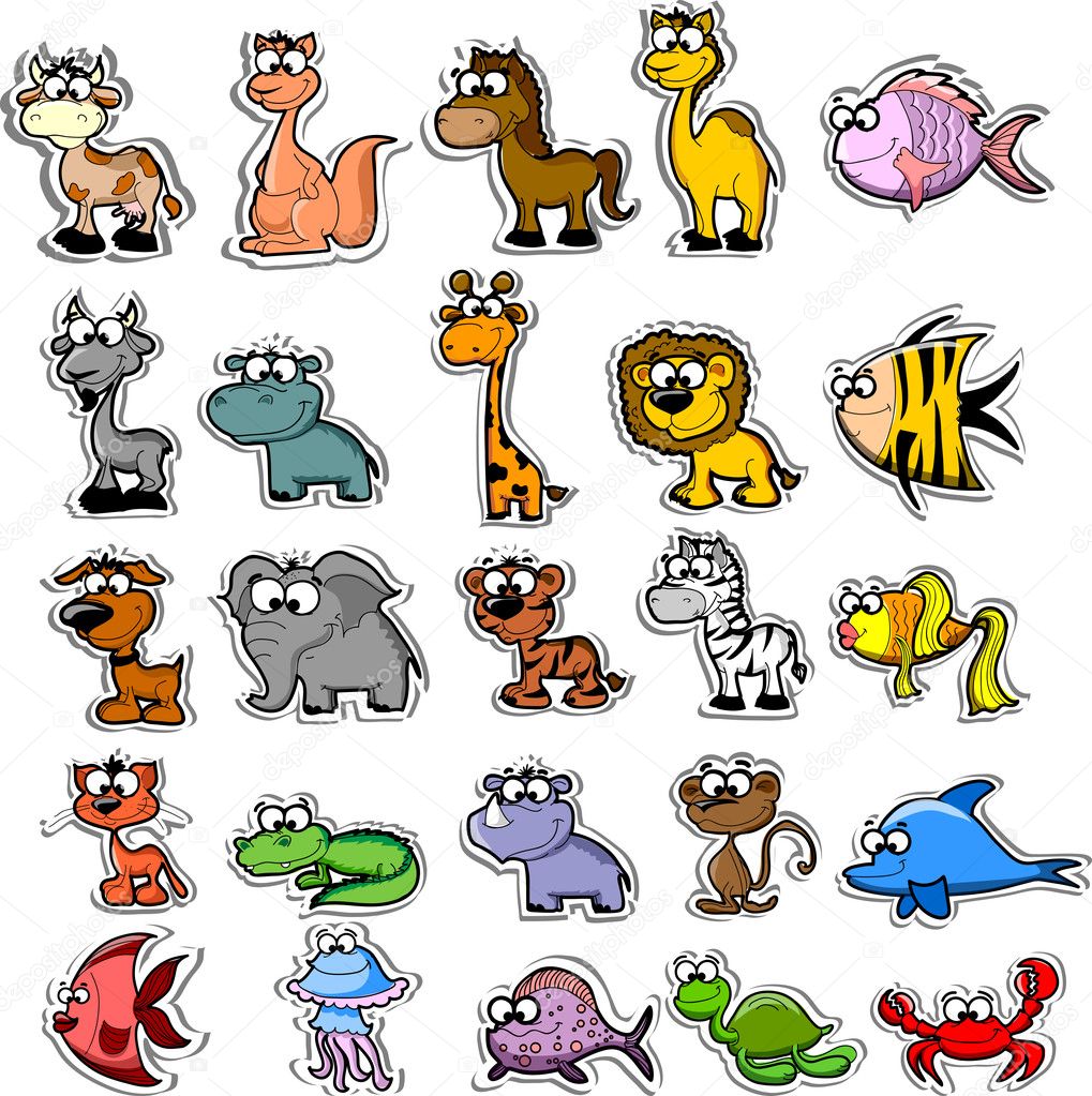 Grande conjunto de animais de desenhos animados e peixes imagem