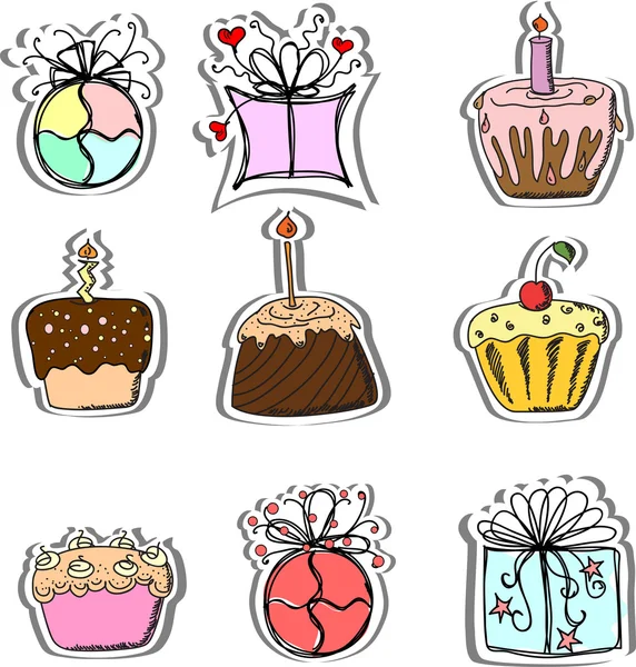 Presentes de aniversário e cupcakes — Vetor de Stock