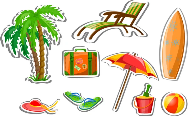 Icônes de voyage, paume, balle, salon, parapluie, seau avec pelle, tongs et valise — Image vectorielle