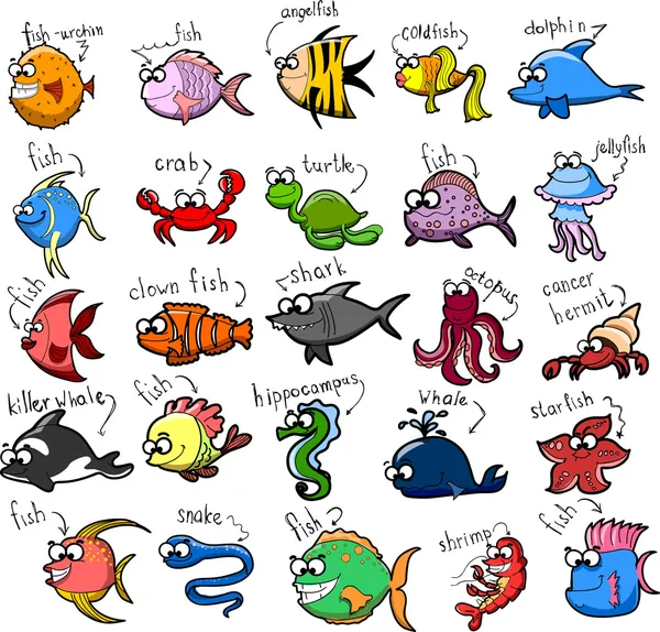 Grand ensemble de poissons de dessin animé — Image vectorielle