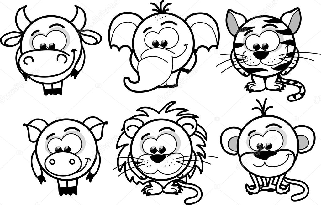 Cartoon Vector Black And White Animals Stock Vector