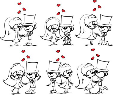 Düğün karikatür gelin ve damat. vektör set