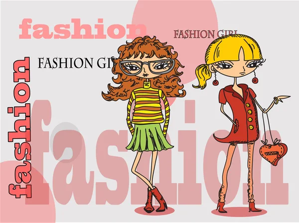 Cartoon fashionable girls, background — Stock Vector