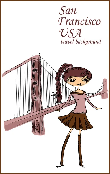 Fashion Cartoon Girl viaggia per il mondo, sfondo vettoriale — Vettoriale Stock