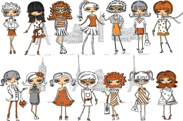 Cartoon fashionable girls, vector background — ストックベクタ