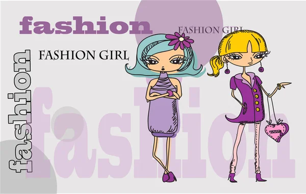 Dessin animé filles à la mode, fond — Image vectorielle