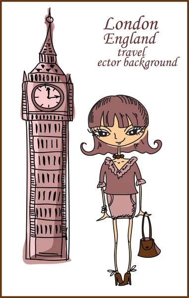 Módní karikatura dívka cestuje po světě, vektorové pozadí — Stockový vektor