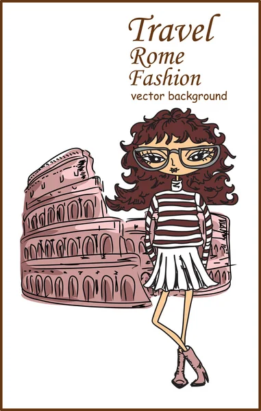 Fashion Cartoon Girl viaggia per il mondo, sfondo vettoriale — Vettoriale Stock