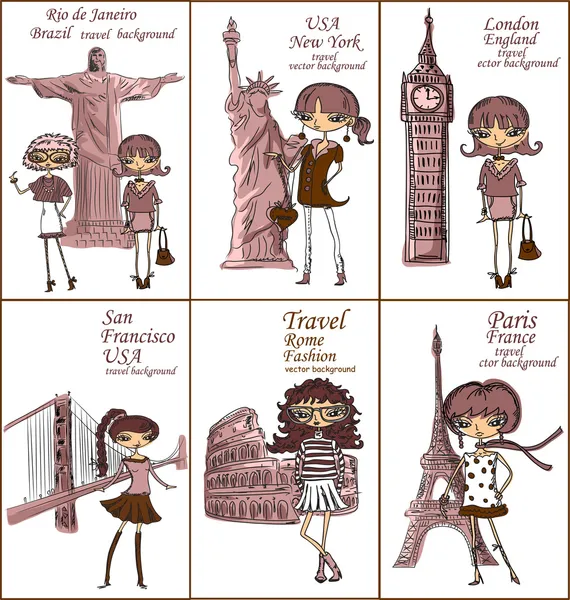 Fashion Cartoon Girl travels the world, vector background — Stock Vector