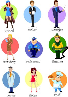çizgi film karakterleri Sekreter, müdür, Şef, polis, itfaiyeci, Garson, model, şarkıcı