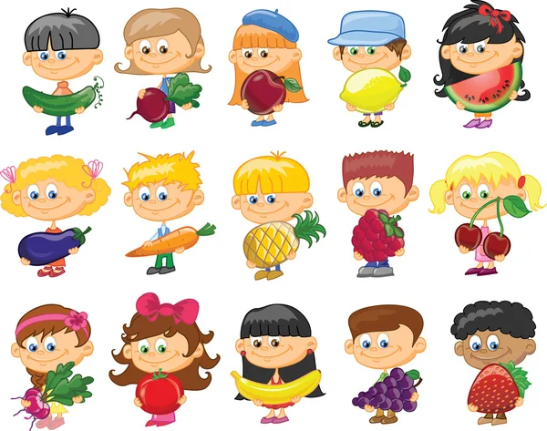Niños de dibujos animados con frutas y verduras — Vector de stock