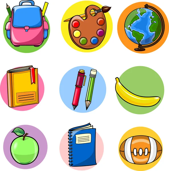 Cartoon schooltas, potlood, boek, notebook, pen, globe, palet van verf — Stockvector