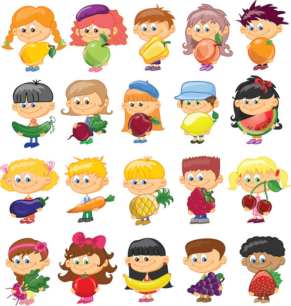 Мультфильм детей с фруктами и овощами
