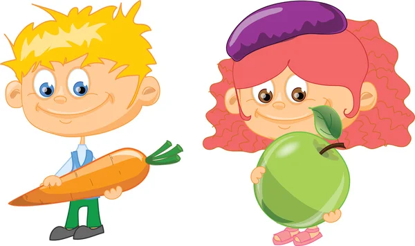 Cartoon kinderen met groenten en fruit — Stockvector