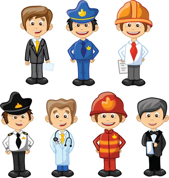 Personaggi dei cartoni animati manager, chef, poliziotto, cameriere, cantante, medico — Vettoriale Stock