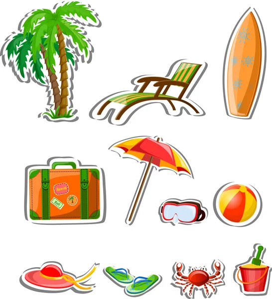 Utazási ikonok, palm, labda, lounge, napernyő, papucs és táska — Stock Vector