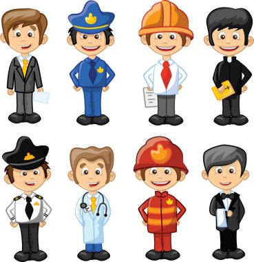 Cartoon characters manager, chef,policeman, waiter, singer, doctor and other