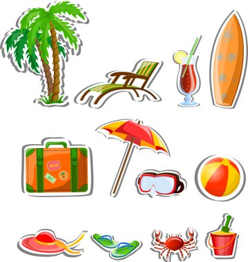 simgeler, palm, top, lounge, şemsiye, parmak arası terlik, palet ve bavul seyahat