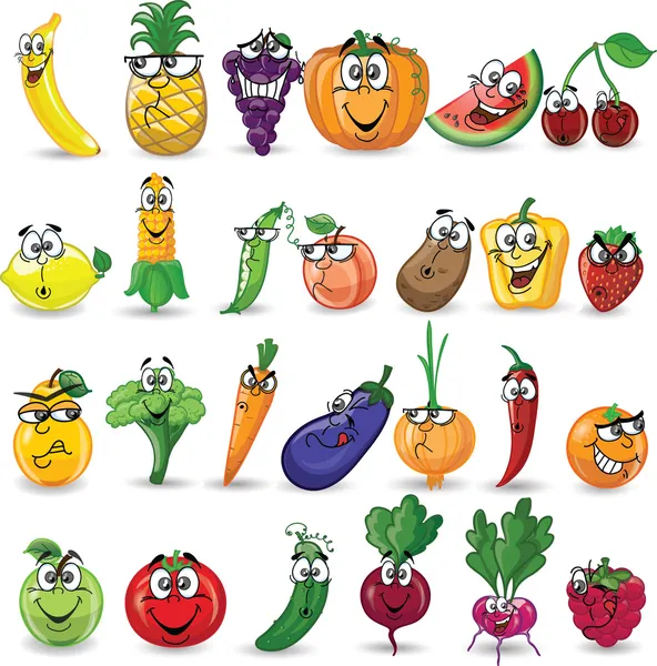 Dibujos animados verduras y frutas — Vector de stock