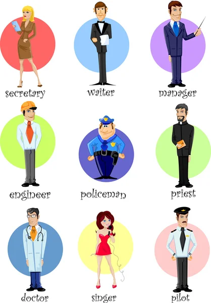 Gerente de personajes de dibujos animados, chef, policía, camarero, cantante, médico y otros — Vector de stock