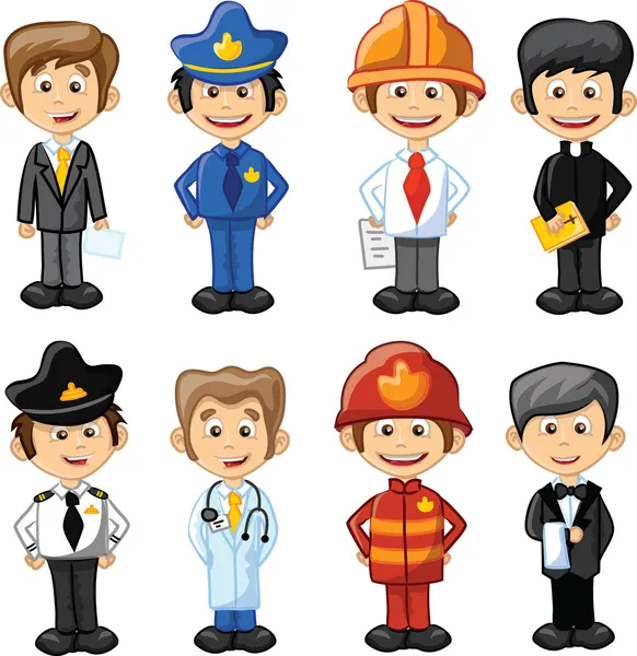 Cartoon characters manager, chef,policeman, waiter, singer, doctor and other — Stock Vector