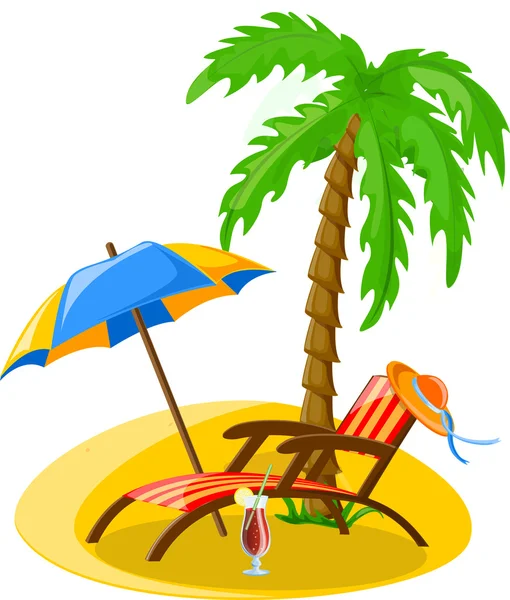 Cestovní ikonami, palm, míč, salonek, deštník, žabky, ploutve a kufr — Stockový vektor