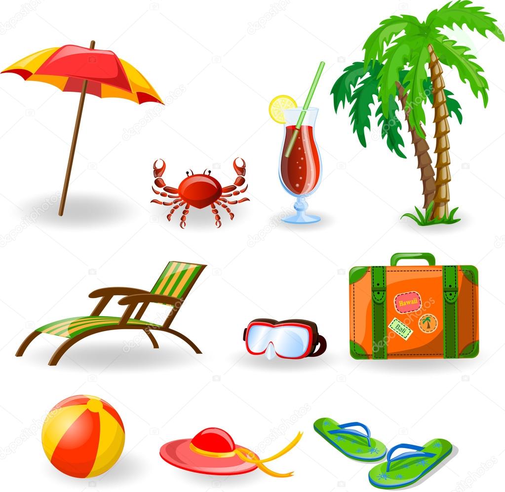 Travel icons, palm, ball, lounge, umbrella, flip-flops, flippers and suitcase