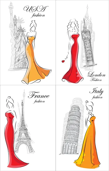 Conjunto de mujeres de moda en diferentes países — Vector de stock