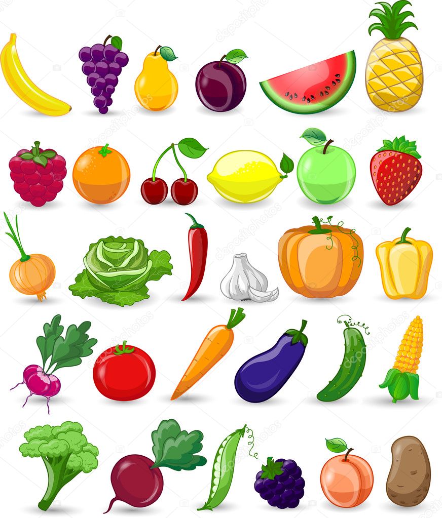 Cartoon vegetables and fruits