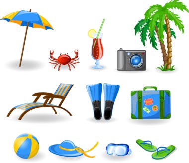 simgeler, palm, top, lounge, şemsiye, parmak arası terlik, palet ve bavul seyahat