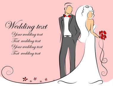 Gelin ve damat, arka plan, düğün davetiyesi, vektör silüeti