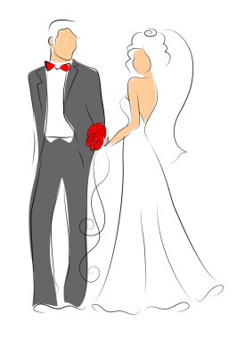 Gelin ve damat, arka plan, düğün davetiyesi, vektör silüeti