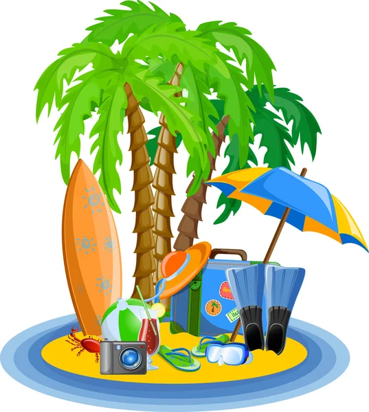 Icone da viaggio, palmo, palla, lounge, ombrello, infradito, pinne e valigie — Vettoriale Stock
