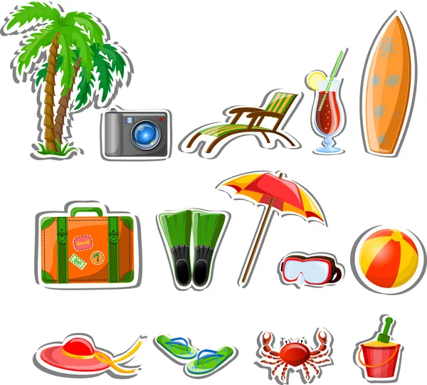 Utazási ikonok, tenyér, labda, lounge, esernyő, papucs, ütők és bőrönd — Stock Vector