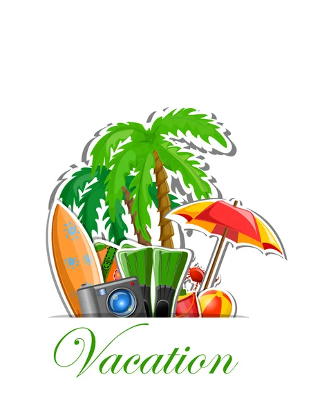 Iconos de viaje, palma, pelota, salón, paraguas, chanclas, aletas y maleta — Vector de stock