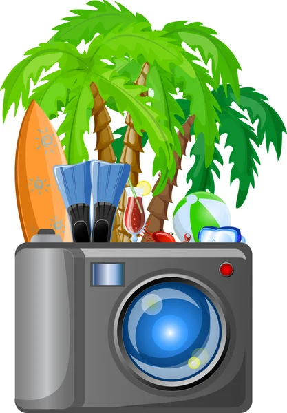 Travel icons, palm, ball, lounge, flippers and camera — Stock Vector