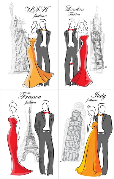 Set of women's and men's fashion in different countries — Stock Vector