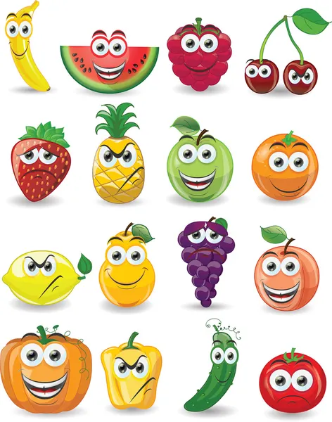 Frutas de dibujos animados con diferentes emociones — Archivo Imágenes Vectoriales