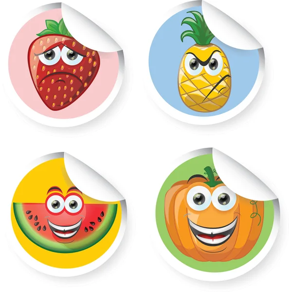 Sticker met cartoon aardbei, ananas, watermeloen, pompoen — Stockvector