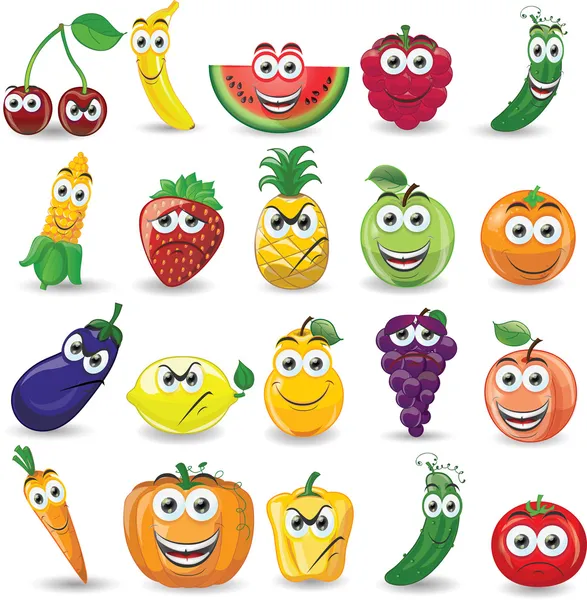 Dibujos animados frutas y verduras con diferentes emociones — Vector de stock