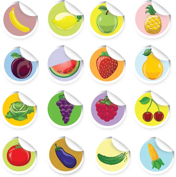 Stiker dengan buah-buahan dan sayuran kartun - Stok Vektor