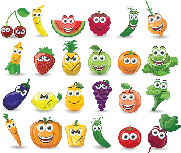 Dibujos animados frutas y verduras con diferentes emociones — Vector de stock