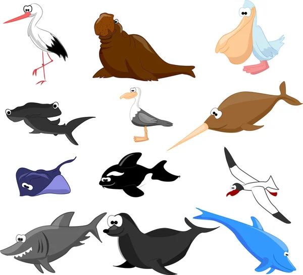 Sada roztomilé kreslené mořských živočichů — Stockový vektor