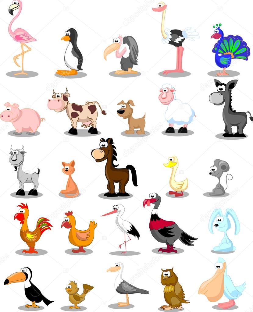 Set of cute cartoon animals and birds