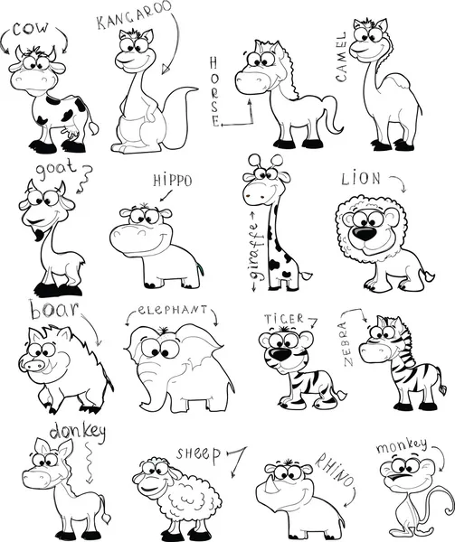 Sada černobílé roztomilé kreslené zvířata — Stockový vektor