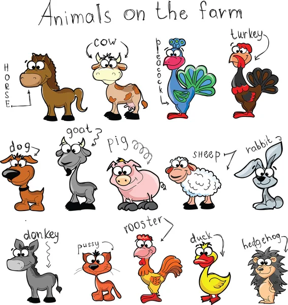 Animales de dibujos animados en la granja — Vector de stock